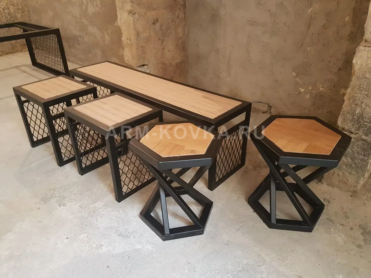 Комплект мебели «Урбан-Геометрия» в стиле LOFT (скамья, пуфы и гексагональные табуреты)